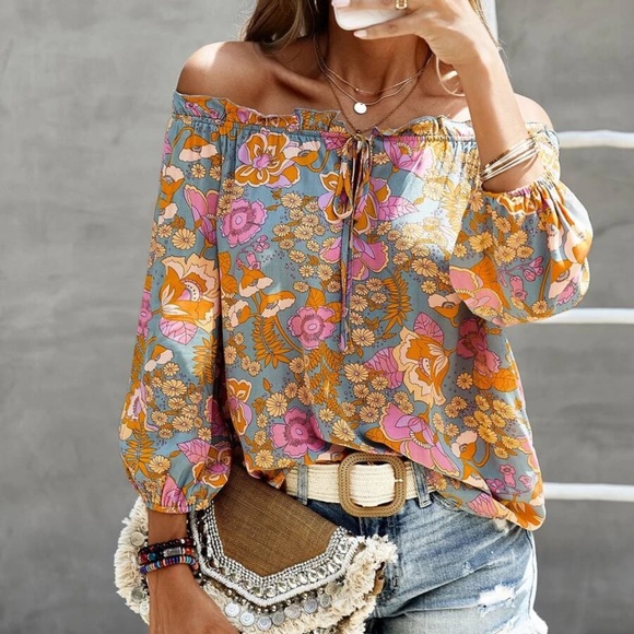 032 Boho Orange Floral Print Off Shoulder Blouse - Picture 3 of 7